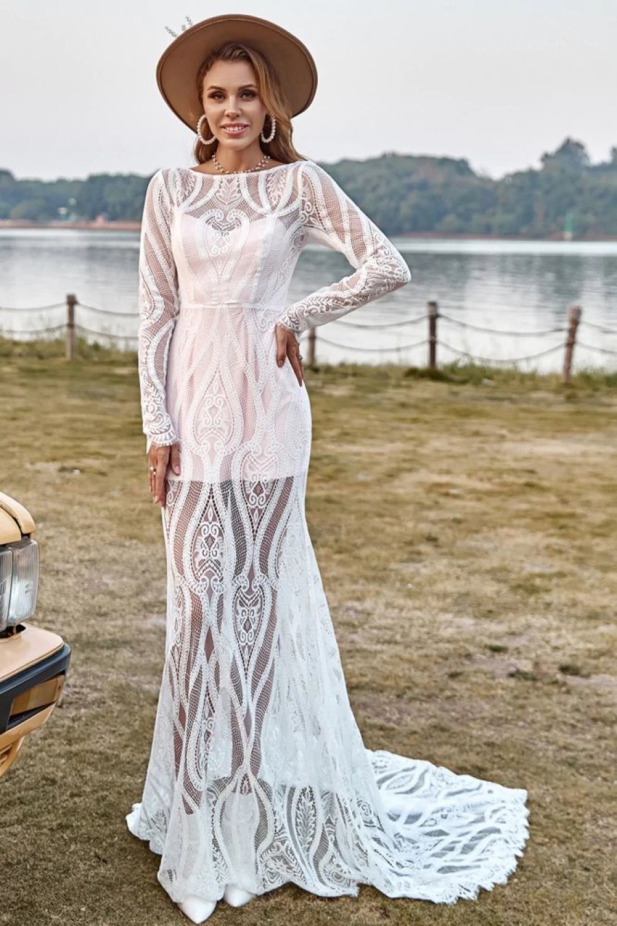 Homrain Mermaid Long Sleeves Lace Boho Wedding Dress With Sweep Train | Mermaid Wedding Dresses