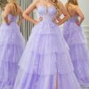 Homrain A Line Appliqued Tiered Long Corset Prom Dress With Slit | Purple Prom Dresses