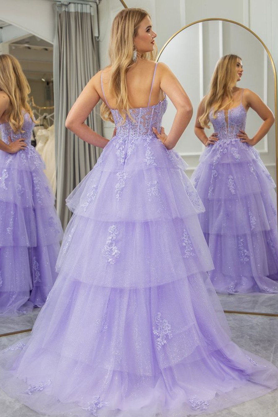 Homrain A Line Appliqued Tiered Long Corset Prom Dress With Slit | Purple Prom Dresses