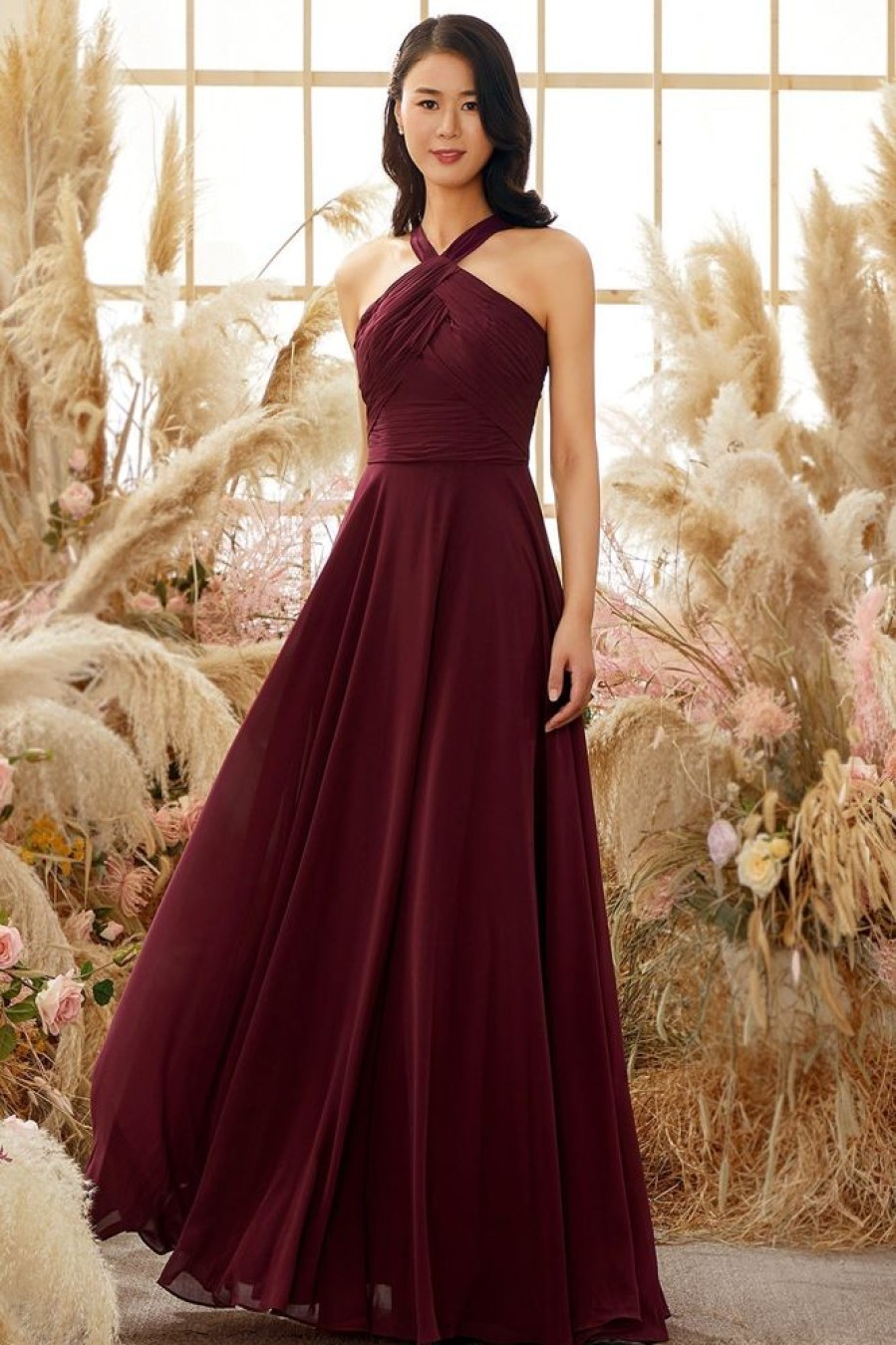 Homrain Halter Chiffon Bridesmaid Dress | Burgundy Bridesmaid Dress