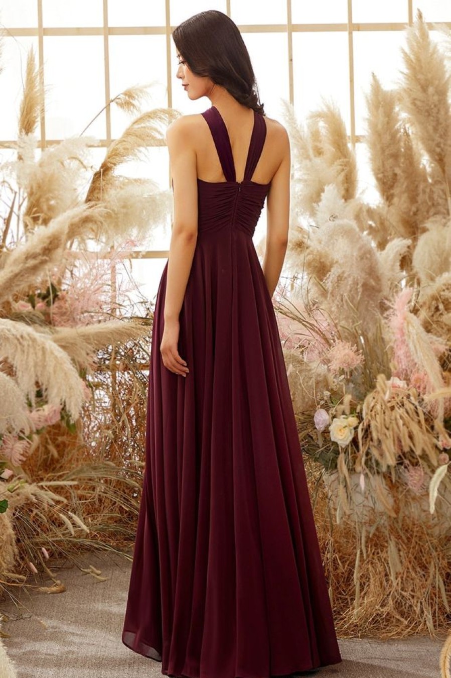 Homrain Halter Chiffon Bridesmaid Dress | Burgundy Bridesmaid Dress