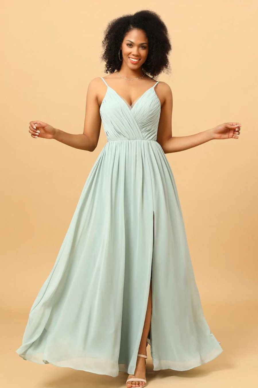 Homrain Mint Green A-Line Ruched Chiffon Bridesmaid Dress | Sage Green Bridesmaid Dress