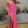 Homrain Sparkly Mermaid Sequins One Shoulder Long Prom Dress With Slit | Hot Pink Prom Dresses