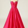 Homrain A Line Sweetheart Long Prom Dress With Ruched | Hot Pink Prom Dresses