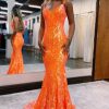 Homrain Sparkly Mermaid Sequins Long Prom Dress | Orange Prom Dresses