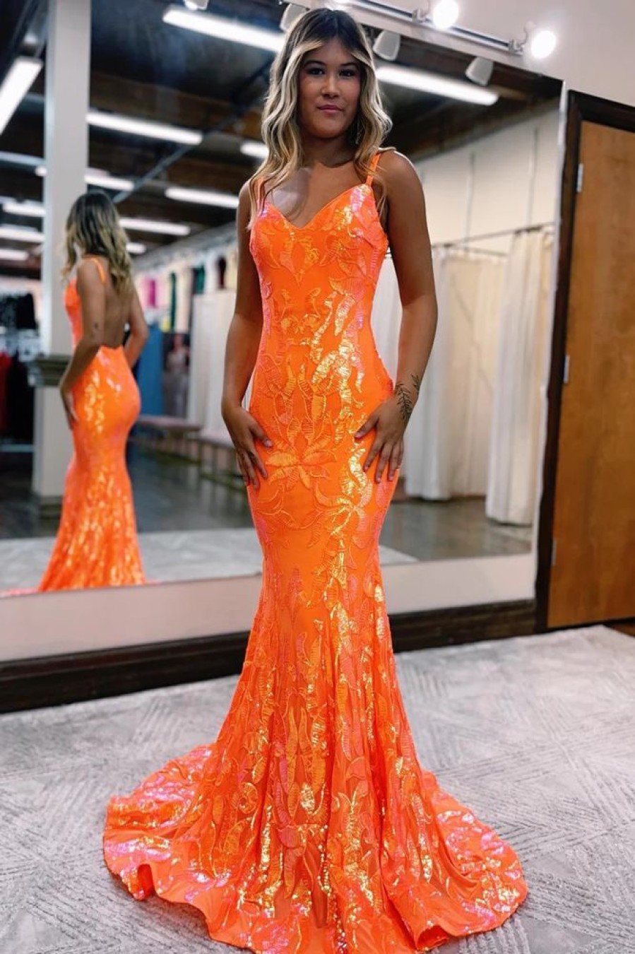 Homrain Sparkly Mermaid Sequins Long Prom Dress | Orange Prom Dresses