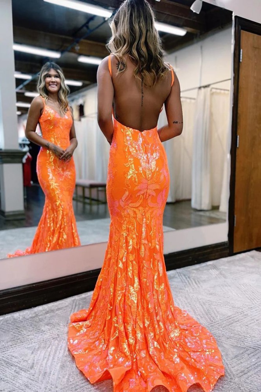 Homrain Sparkly Mermaid Sequins Long Prom Dress | Orange Prom Dresses