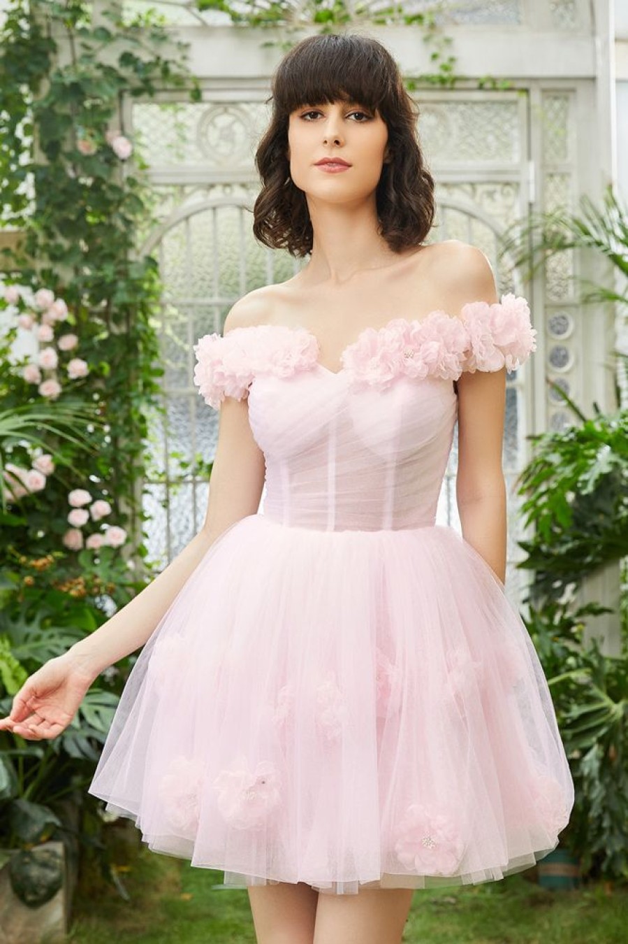 Homrain Off The Shoulder Corset Homecoming Dress With Flowers | Pink Hoco Dresses