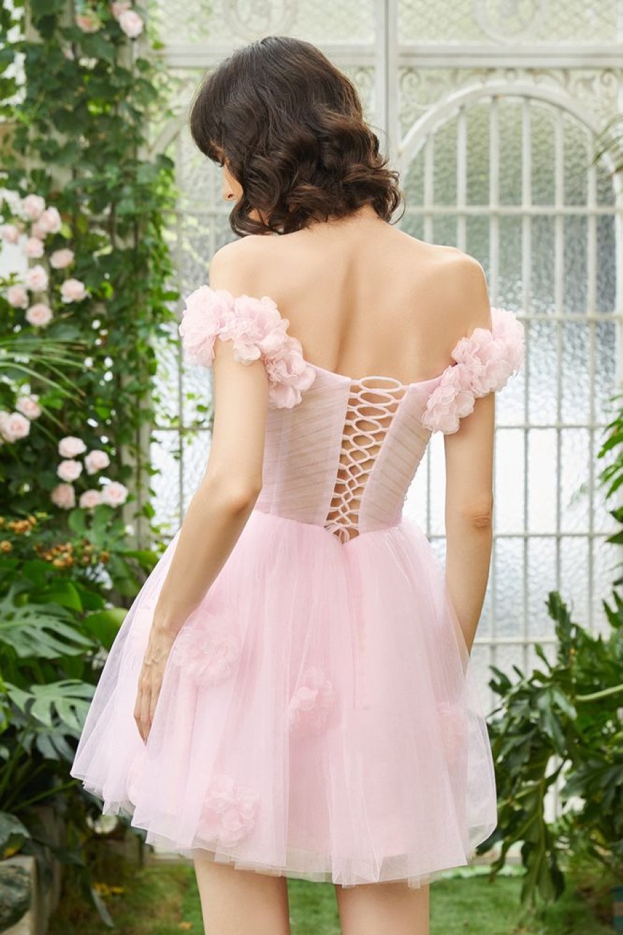 Homrain Off The Shoulder Corset Homecoming Dress With Flowers | Pink Hoco Dresses