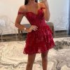 Homrain Sparkly Corset Tiered Lace A-Line Short Homecoming Dress | Red Hoco Dresses