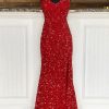 Homrain Sheath Spaghetti Straps Sequins Prom Dress With Split Front | Red Prom Dresses