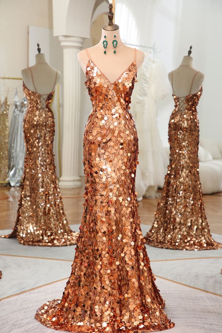 Homrain Sparkly Mermaid Long Prom Dress With Slit | Gold Prom Dresses