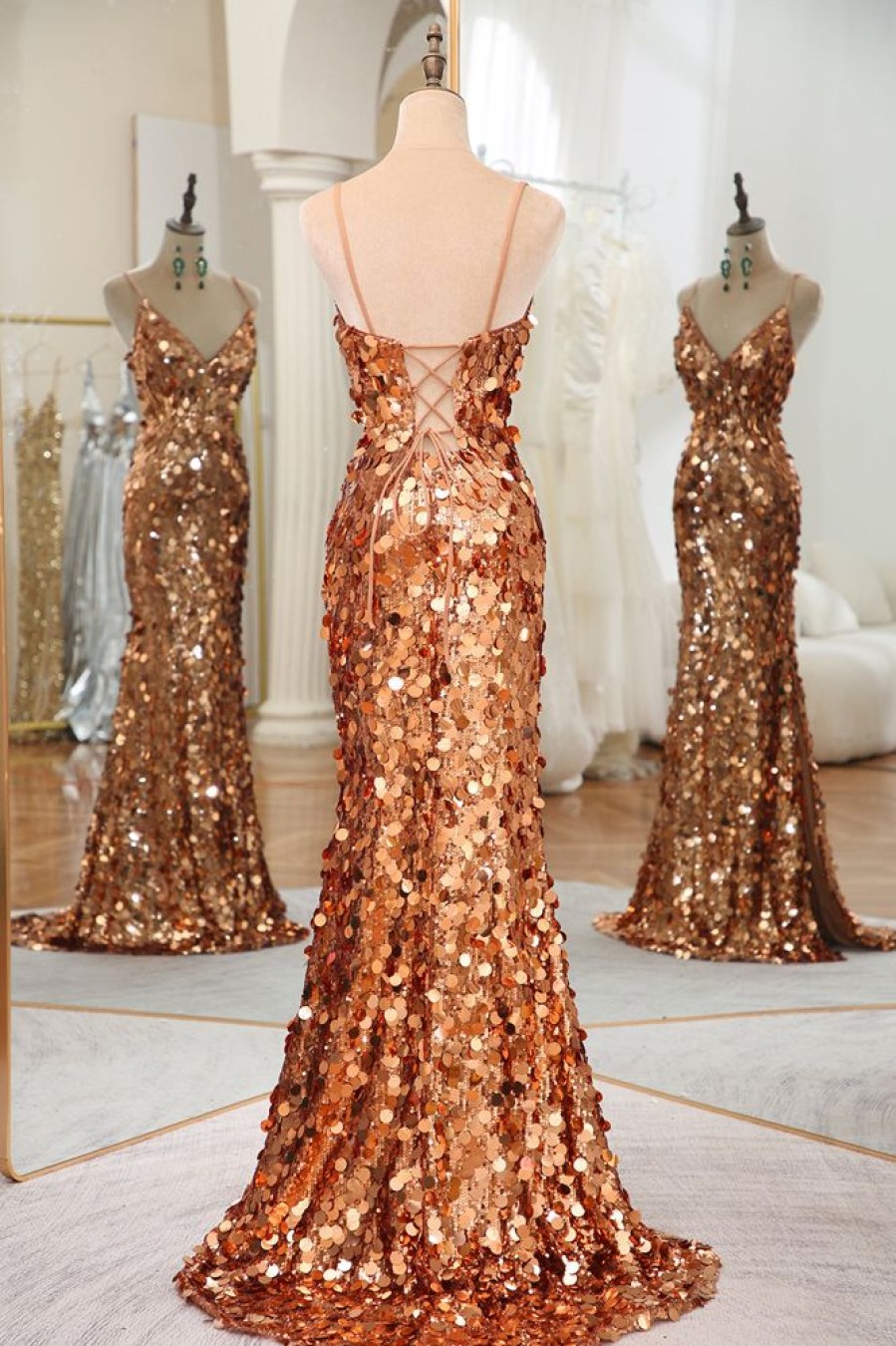 Homrain Sparkly Mermaid Long Prom Dress With Slit | Gold Prom Dresses