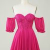 Homrain Corset A-Line Chiffon Short Homecoming Dress With Lace | Hot Pink Hoco Dresses