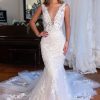 Homrain V-Neck Mermaid Long Lace Wedding Dress | Mermaid Wedding Dresses