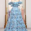 Homrain A Line Strapless Long Tiered Prom Dress With Feathers | Blue Prom Dresses