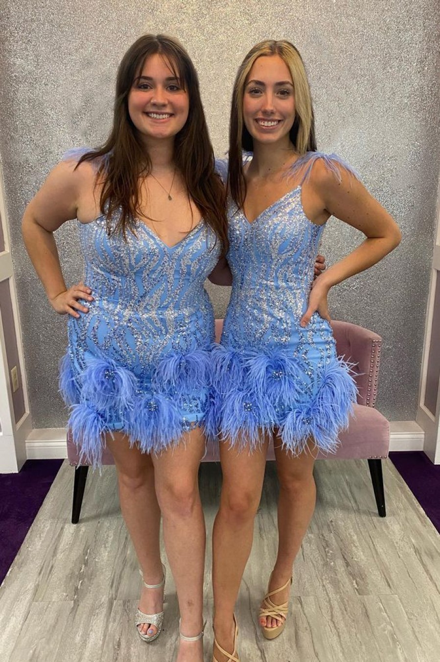 Homrain Sparkly Sequins Tight Short Homecoming Dress With Feathers | Blue Hoco Dresses