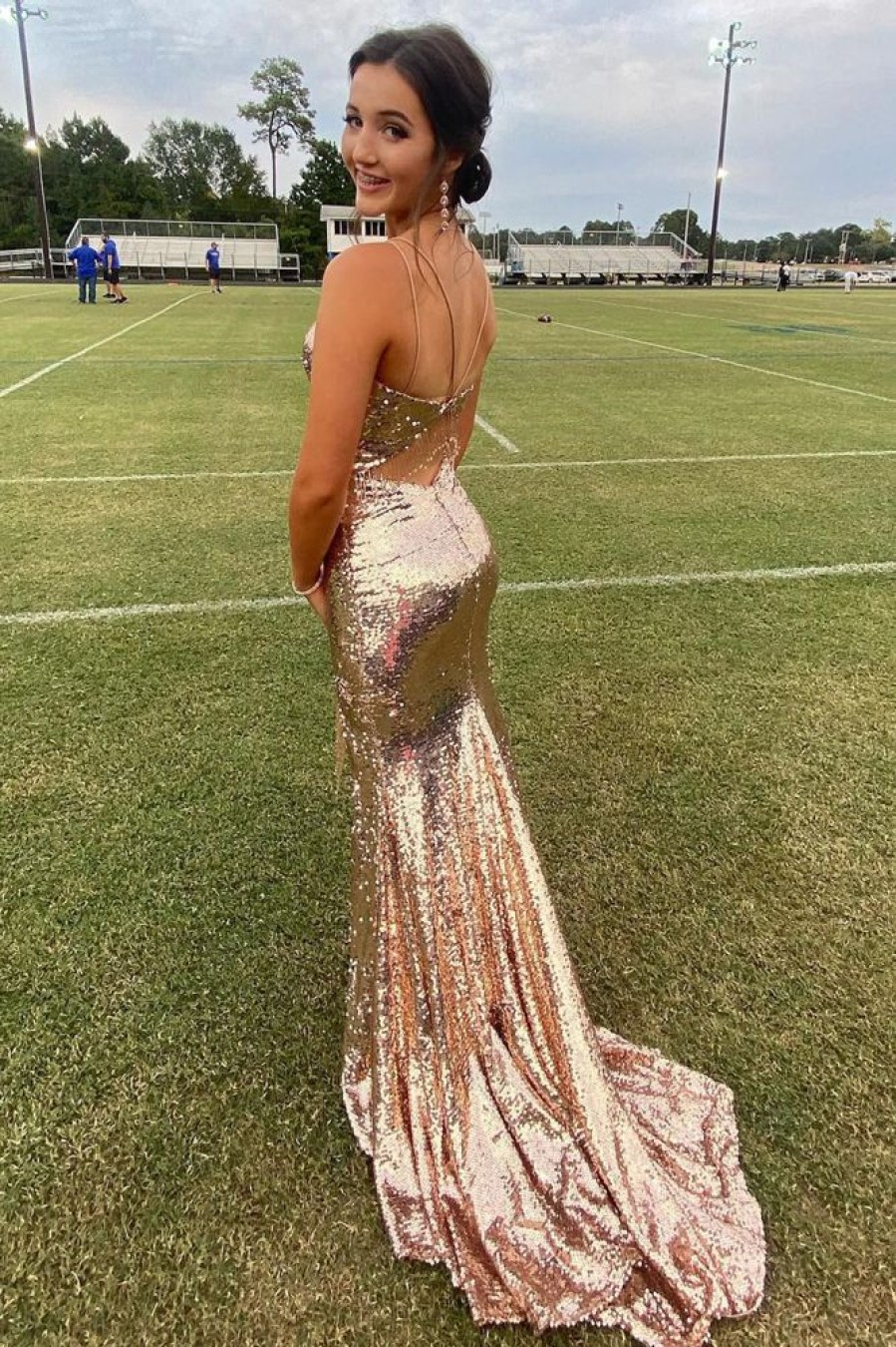 Homrain Sparkly Sequins Mermaid Long Prom Dress With Fringes | Gold Prom Dresses