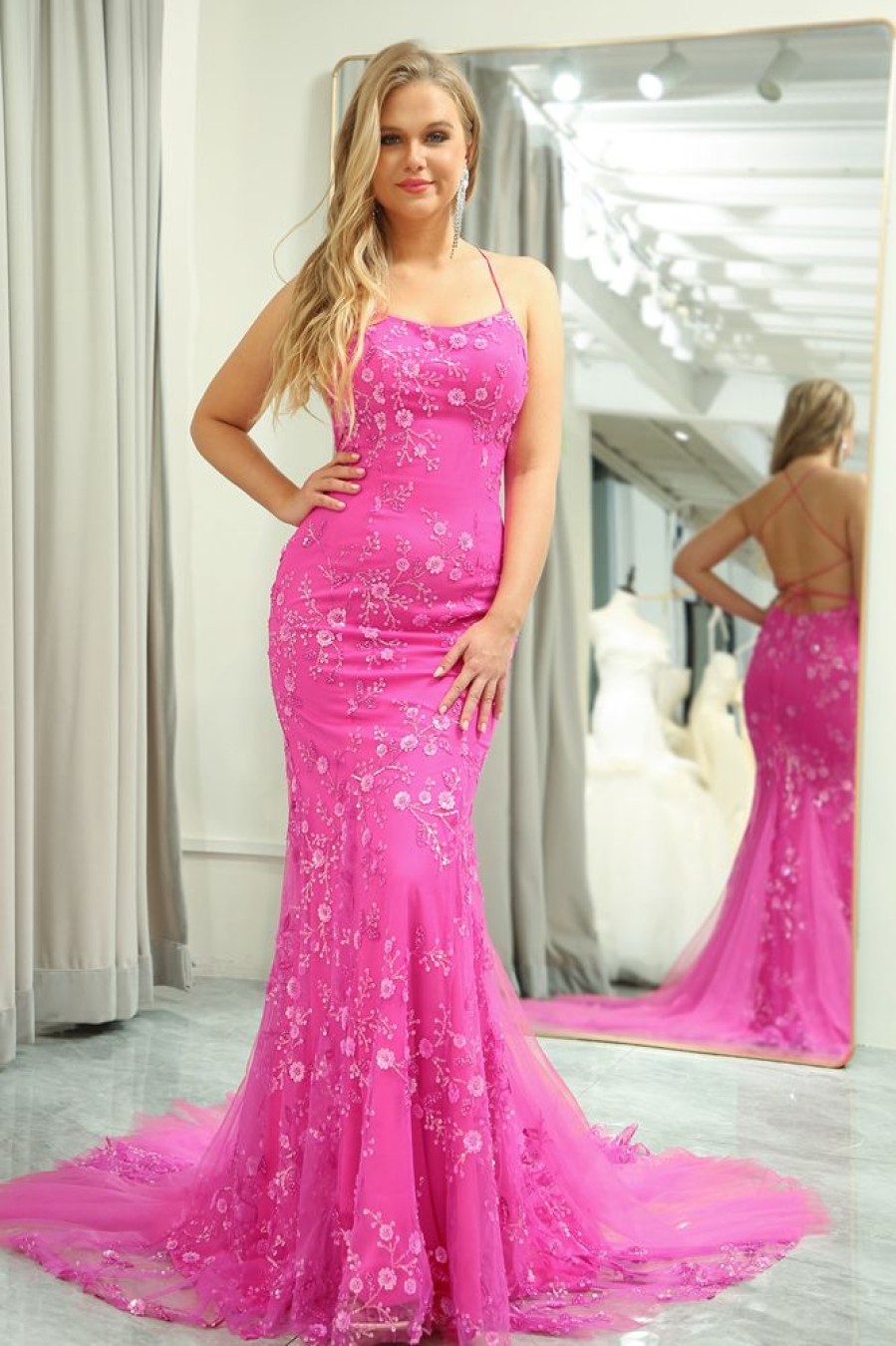 Homrain Mermaid Backless Long Prom Dress With Appliques | Hot Pink Prom Dresses