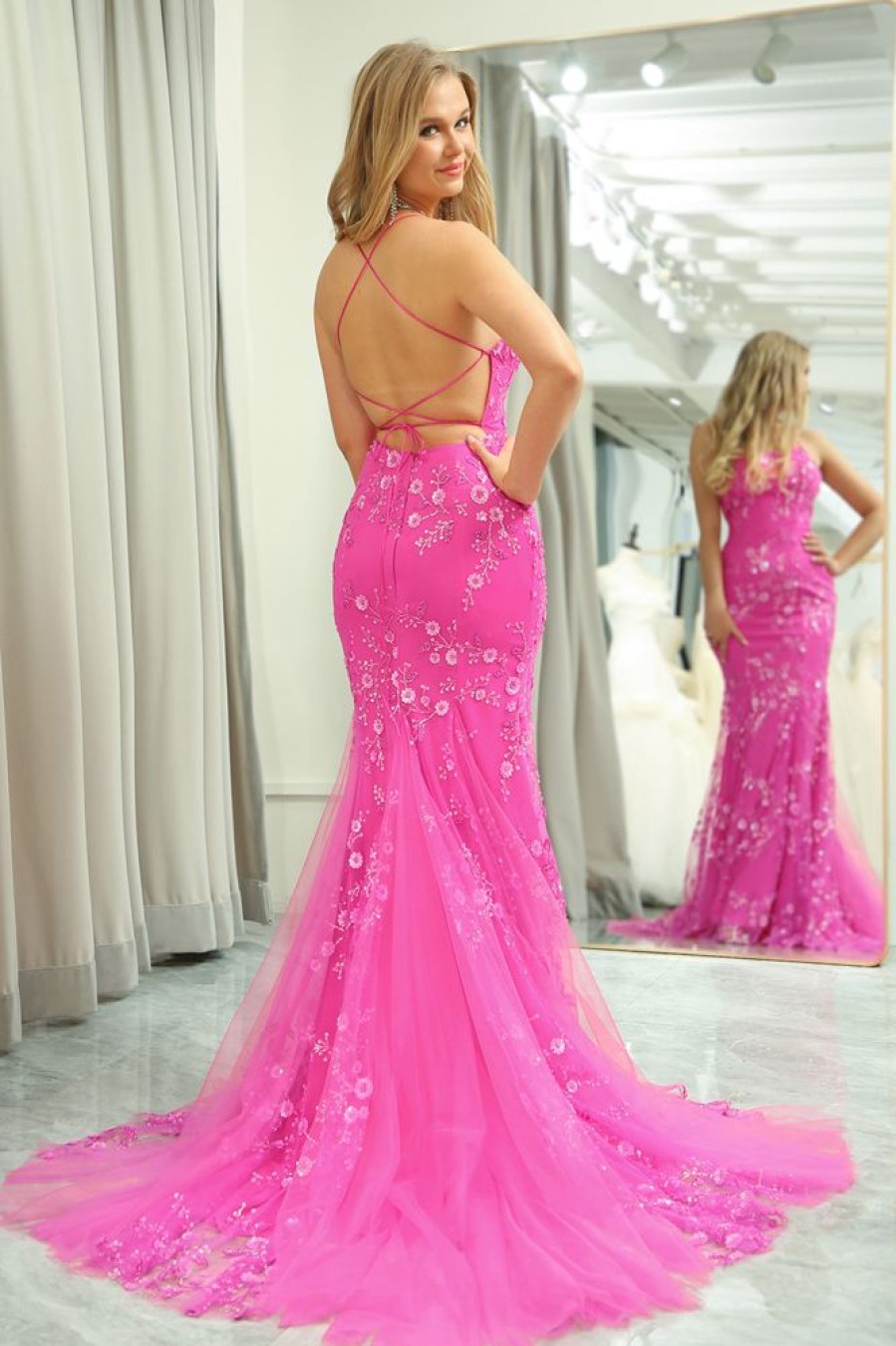 Homrain Mermaid Backless Long Prom Dress With Appliques | Hot Pink Prom Dresses