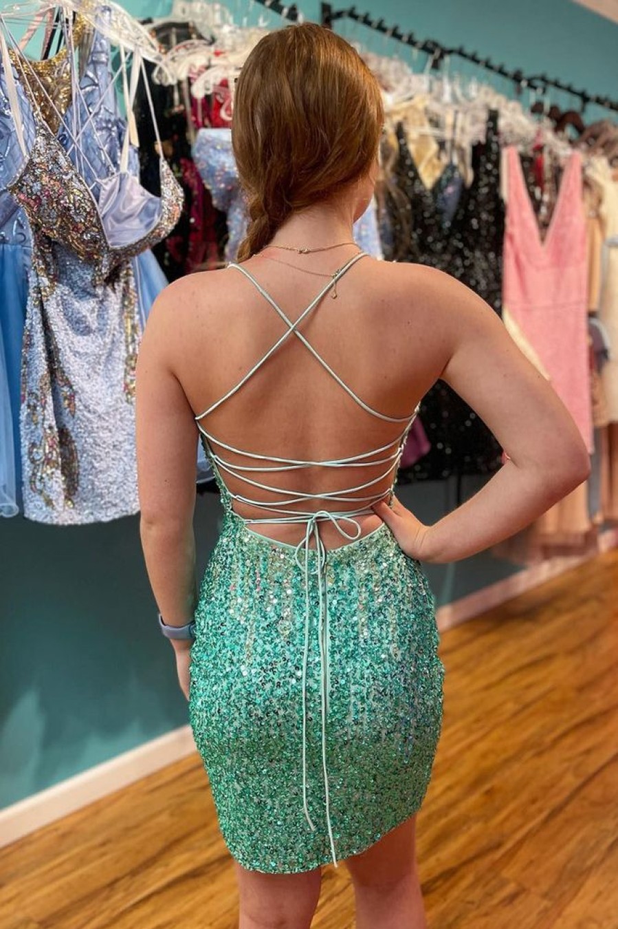 Homrain Sparkly Sequins Lace-Up Back Tight Homecoming Dress | Green Hoco Dresses