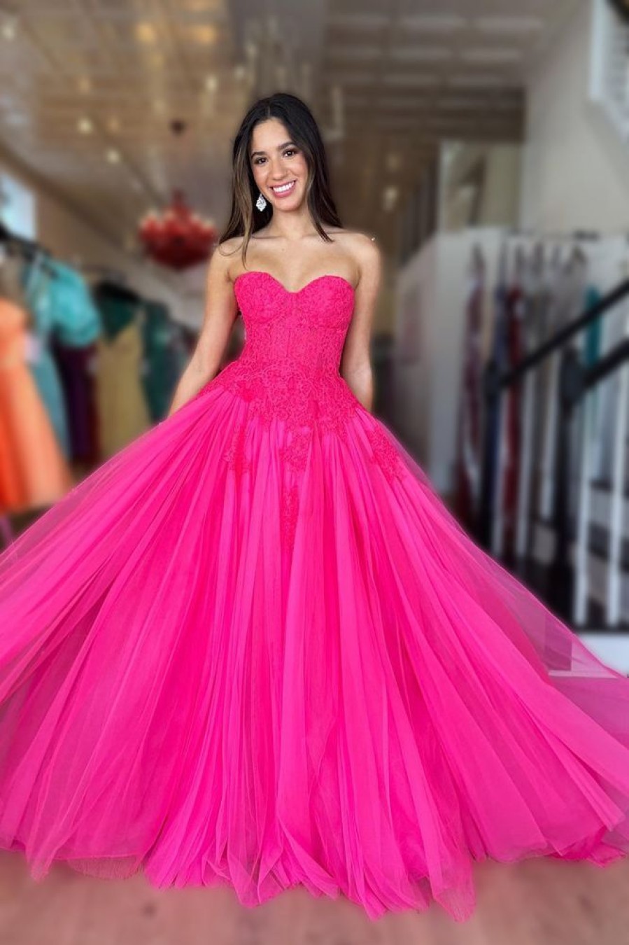 Homrain Tulle A-Line Sweetheart Corset Prom Dress | Hot Pink Prom Dresses