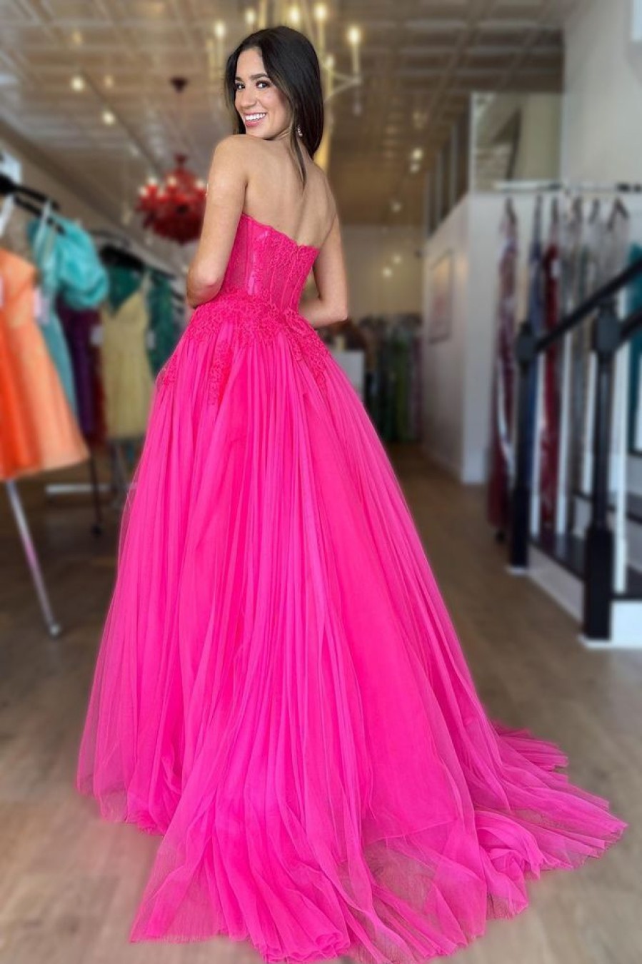 Homrain Tulle A-Line Sweetheart Corset Prom Dress | Hot Pink Prom Dresses