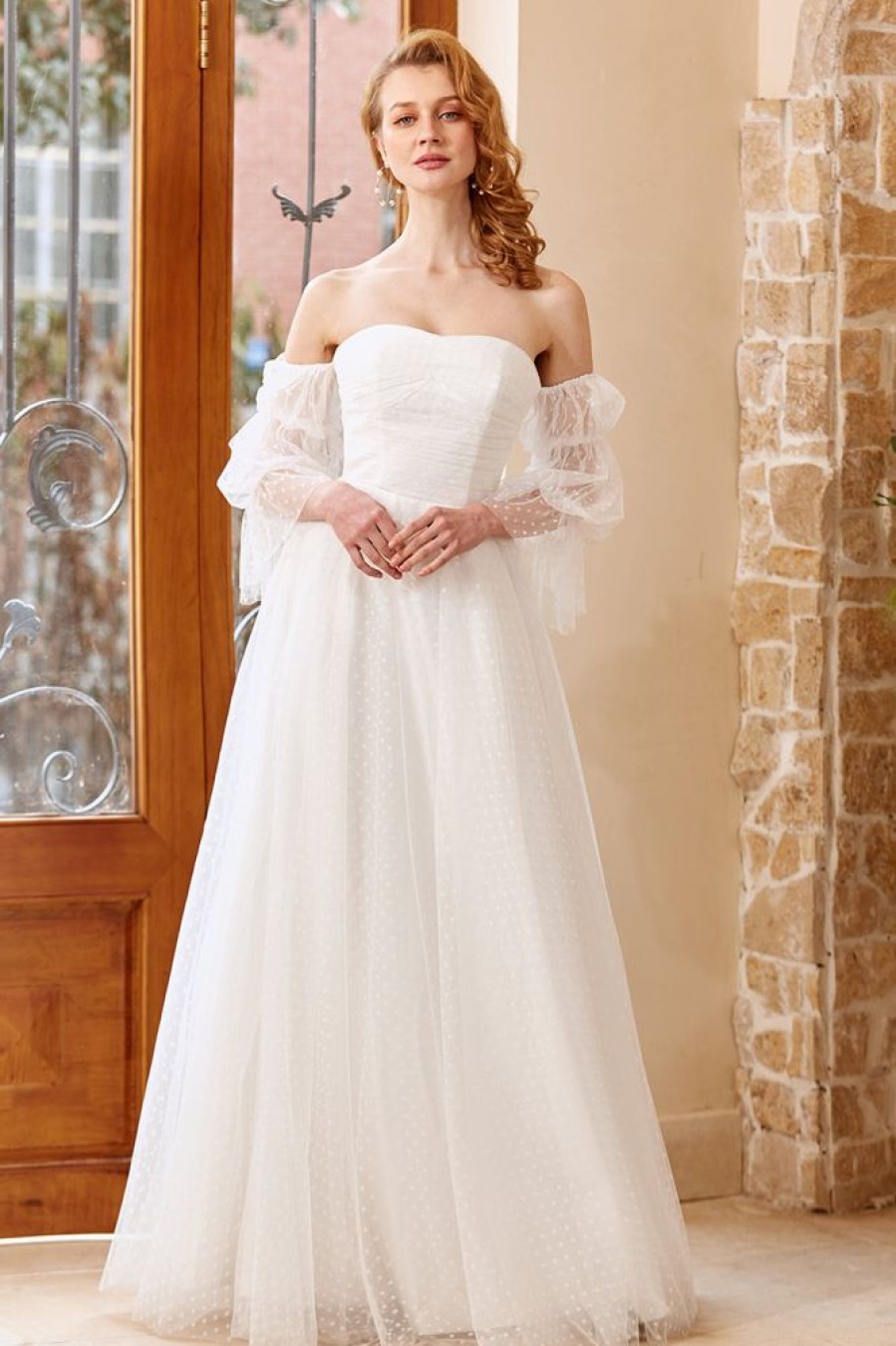 Homrain A Line Off The Shoulder Wedding Dress With Long Sleeves | Simple Wedding Dresses