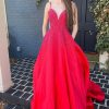 Homrain A Line Spaghetti Straps Long Prom Dress With Beading | Red Prom Dresses