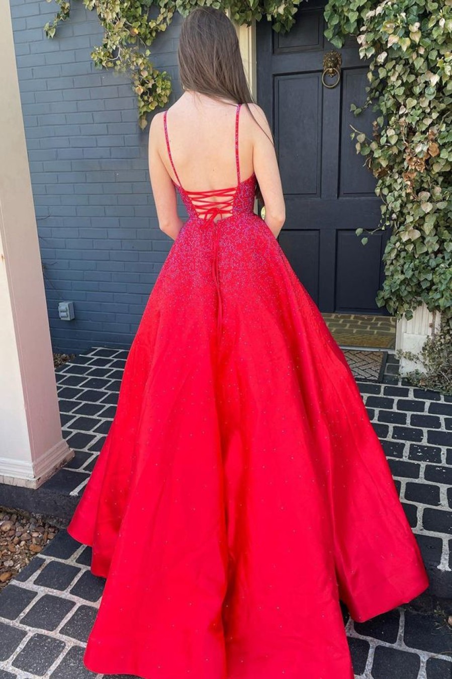 Homrain A Line Spaghetti Straps Long Prom Dress With Beading | Red Prom Dresses