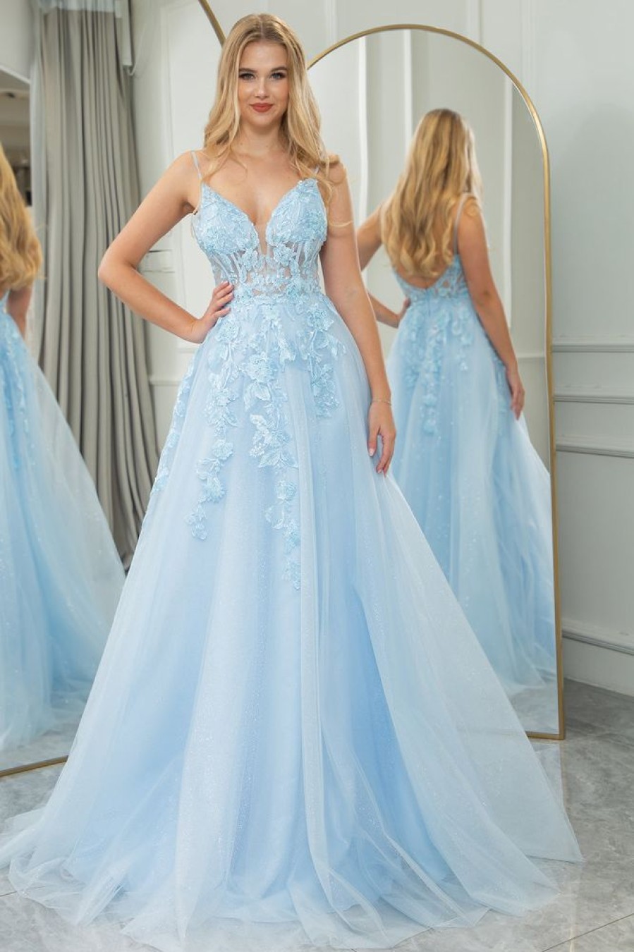 Homrain A Line Tulle Backless Long Corset Prom Dress With Appliques | Blue Prom Dresses