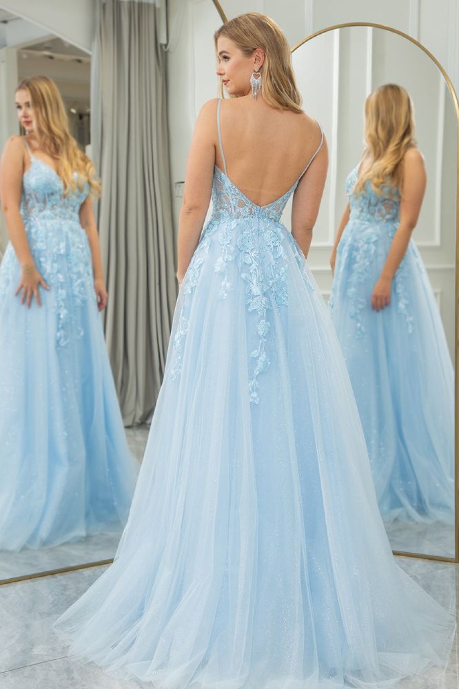 Homrain A Line Tulle Backless Long Corset Prom Dress With Appliques | Blue Prom Dresses