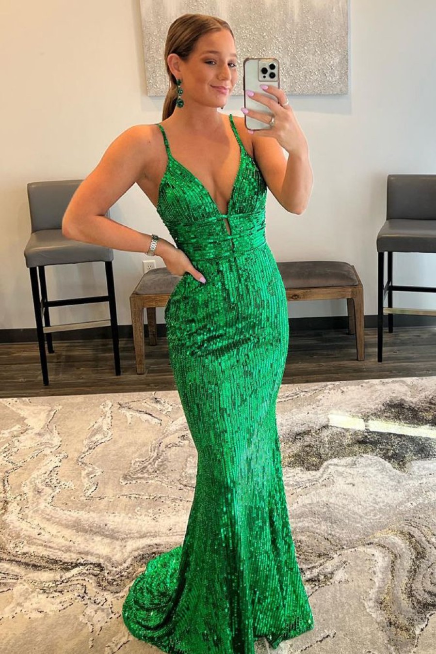 Homrain Mermaid Spaghetti Straps Sequins Backless Long Prom Dress | Green Prom Dresses