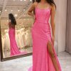 Homrain Sparkly Mermaid Long Prom Dress With Slit | Hot Pink Prom Dresses