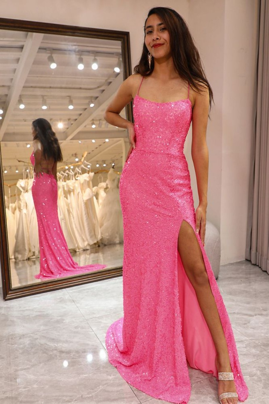 Homrain Sparkly Mermaid Long Prom Dress With Slit | Hot Pink Prom Dresses