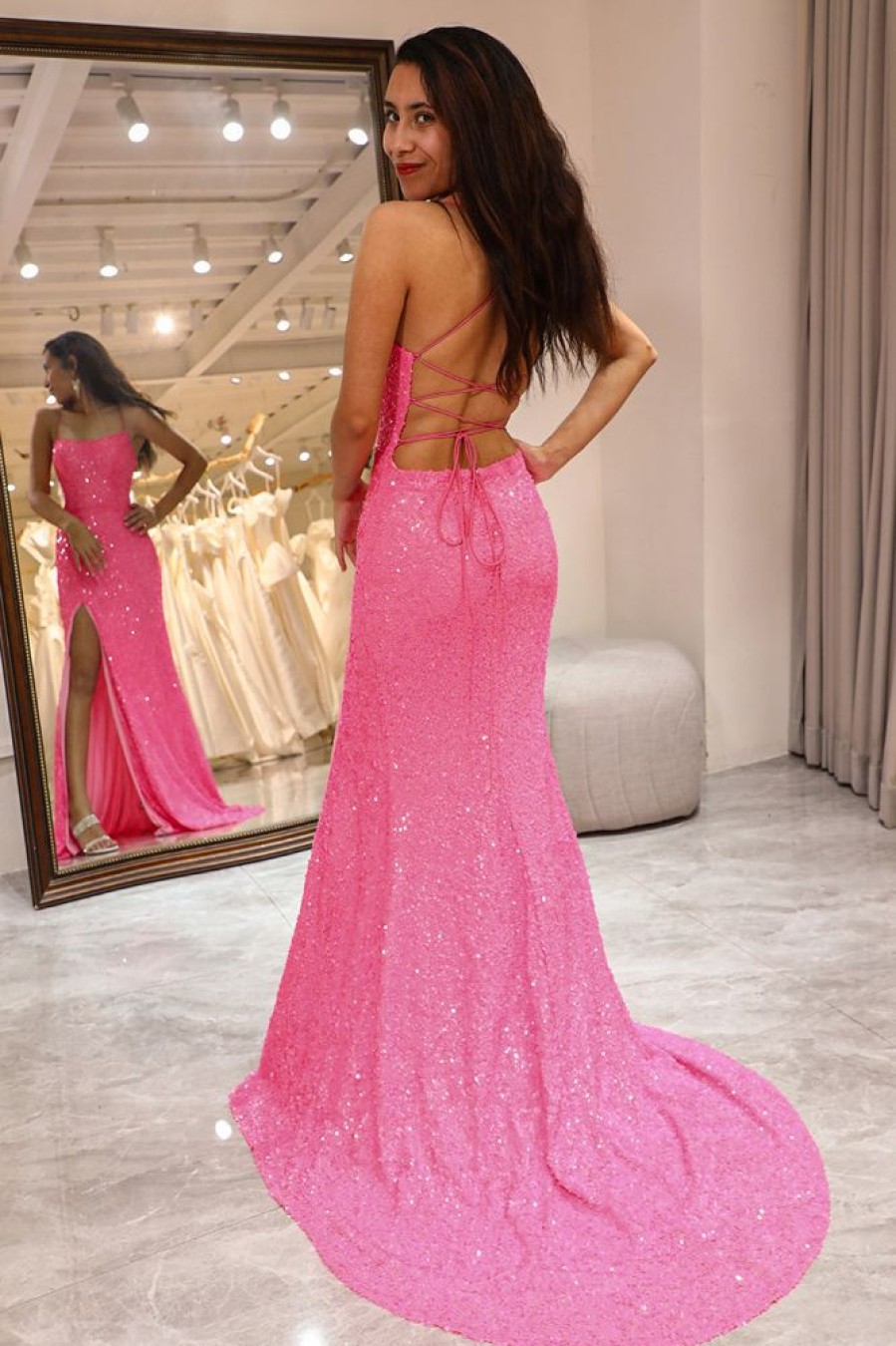 Homrain Sparkly Mermaid Long Prom Dress With Slit | Hot Pink Prom Dresses