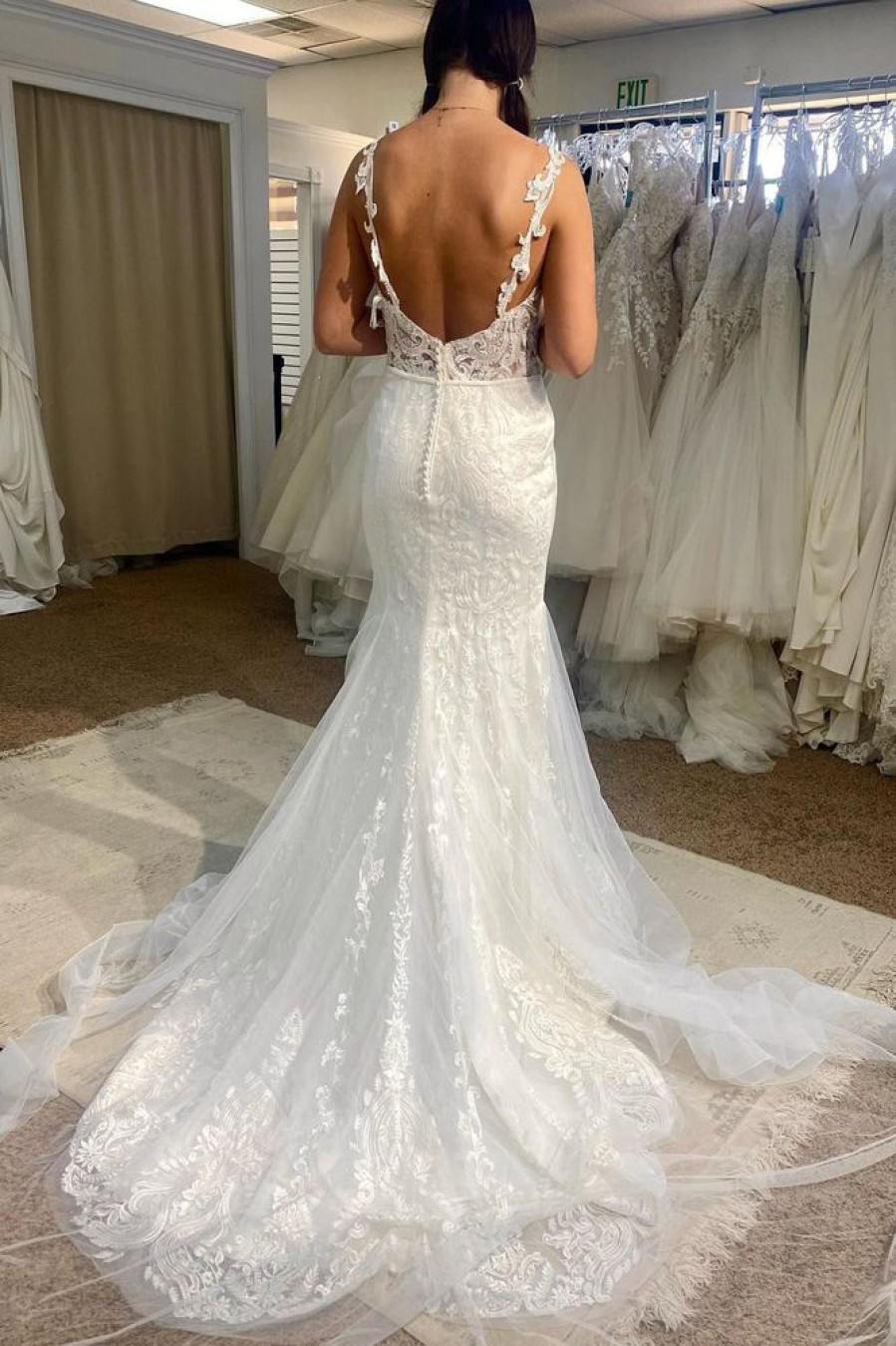 Homrain Tulle Mermaid Spaghetti Straps Long Wedding Dress With Appliques | Lace Wedding Dresses