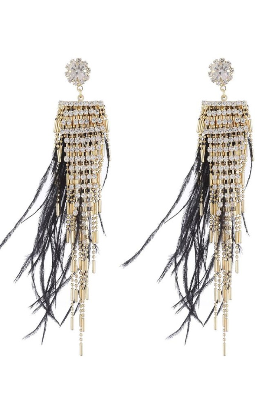 Homrain Tassel Feather Rhinestone Long Earrings | Earrings