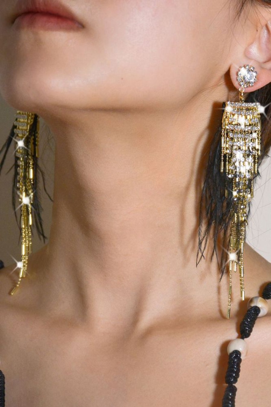 Homrain Tassel Feather Rhinestone Long Earrings | Earrings