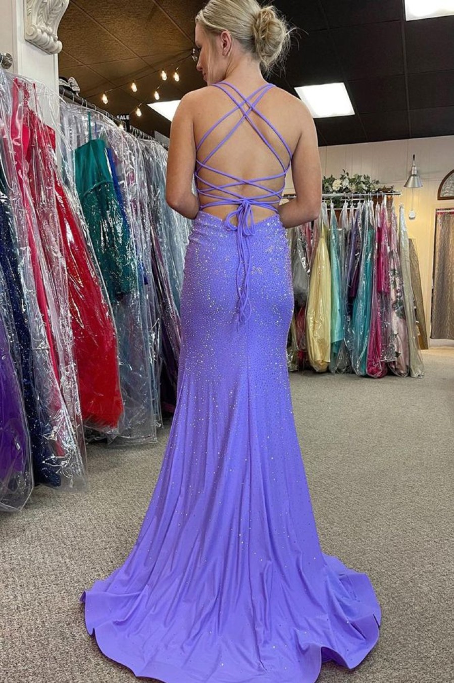 Homrain Lavender Halter Sparkly Beaded Prom Dress With Fringes | Purple Prom Dresses