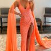 Homrain Watteau Train Sequins Long Prom Dress | Orange Prom Dresses