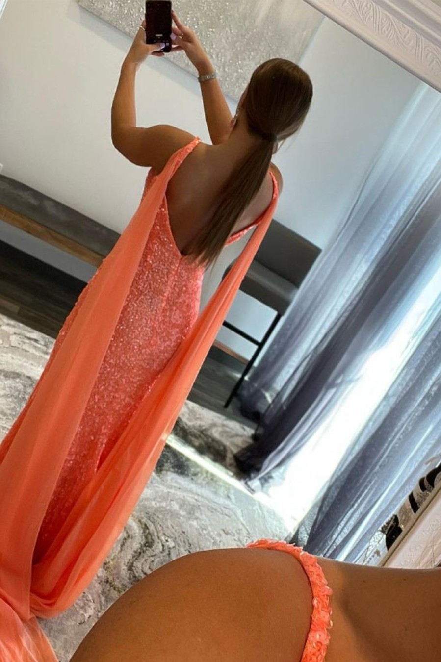 Homrain Watteau Train Sequins Long Prom Dress | Orange Prom Dresses