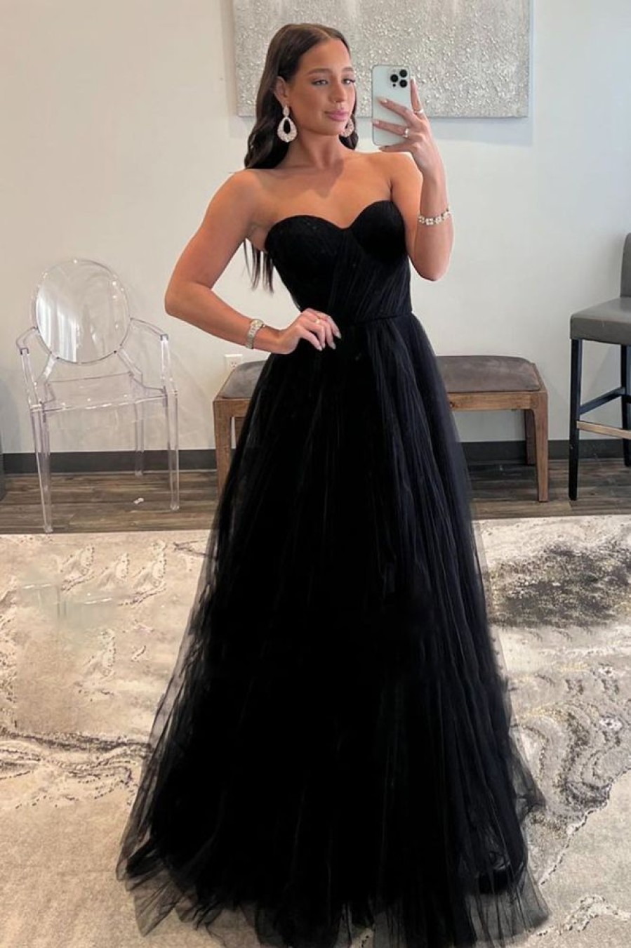 Homrain Sweetheart Tulle A-Line Prom Dress | Black Prom Dresses