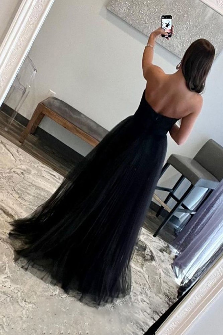 Homrain Sweetheart Tulle A-Line Prom Dress | Black Prom Dresses