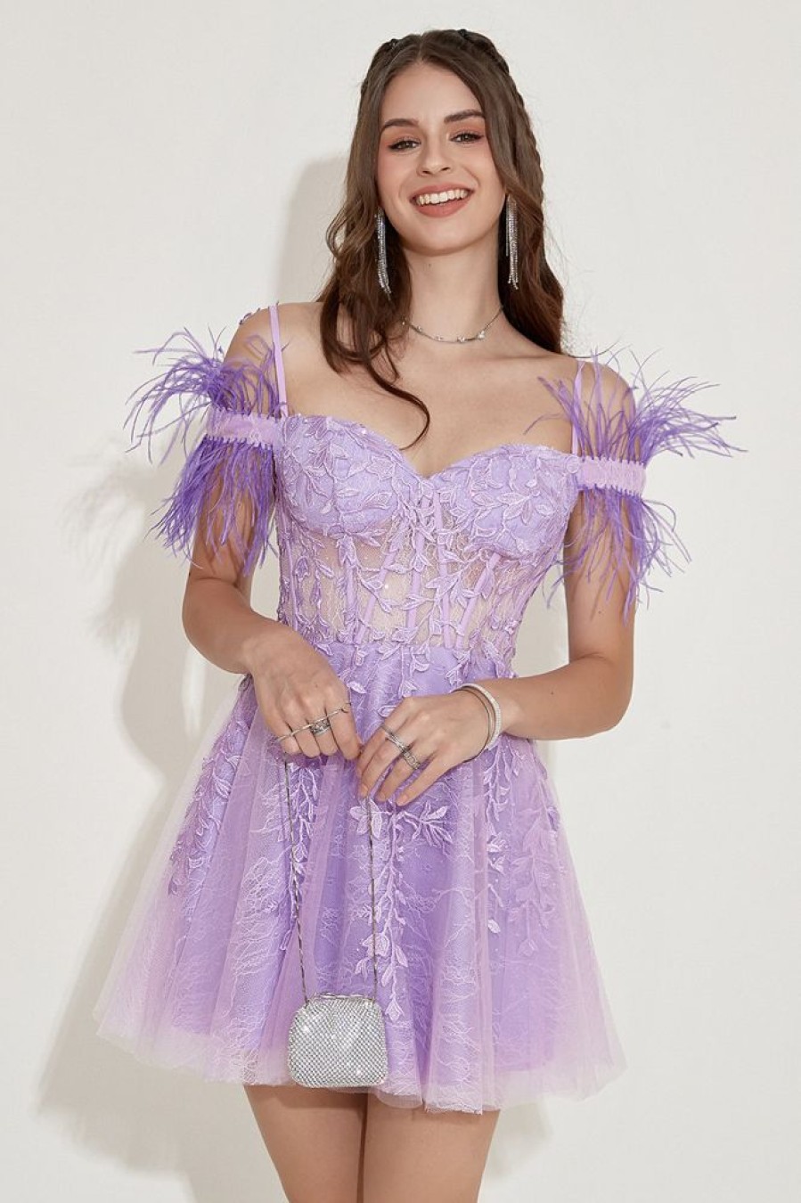 Homrain Lavender Off Shoulder Homecoming Dress With Feathers | Purple Prom Dresses