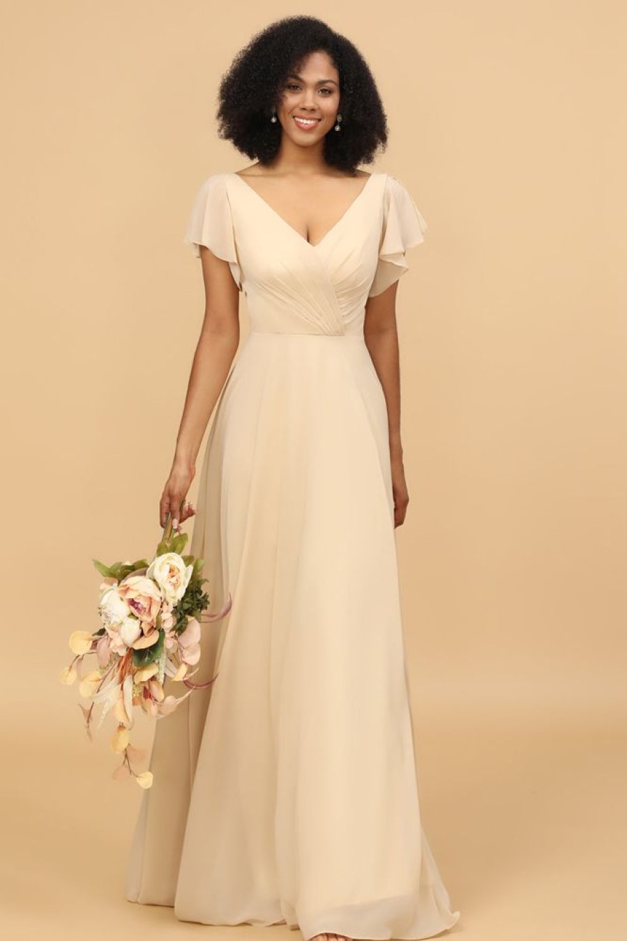 Homrain Cap Sleeves Long Chiffon Bridesmaid Dress | Bridesmaid Dress Under 100