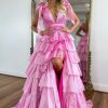 Homrain Glitter A Line V Neck Backless Long Tiered Prom Dress With Slit | Hot Pink Prom Dresses