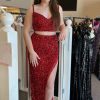 Homrain Sparkly Sheath Spaghetti Straps Long Prom Dress With Fringes | Red Prom Dresses