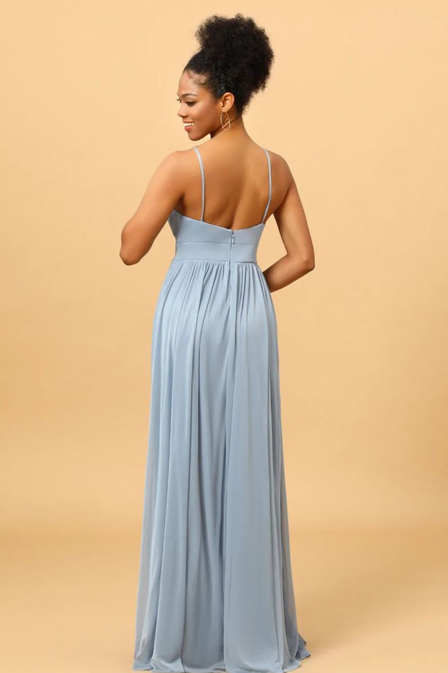 Homrain Dusty Blue A-Line Long Chiffon Bridesmaid Dress With Slit | Wedding Guest Dresses