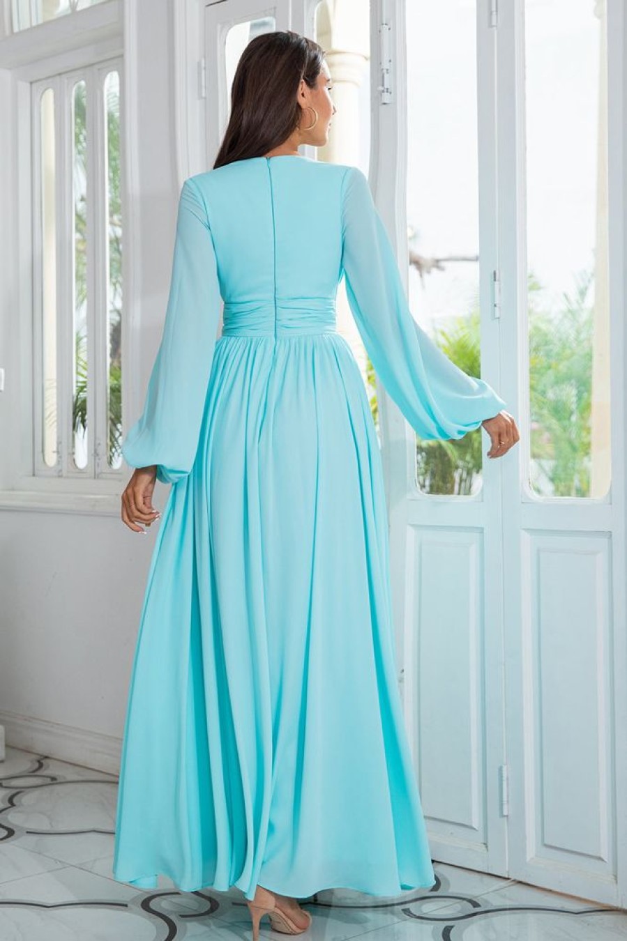 Homrain Light Green Chiffon Long Prom Dress With Slit | Green Prom Dresses